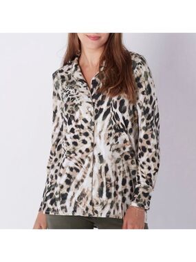 WYNNE LAYERS Cotton Spandex Knit 3 Button Long Sleeve Shirt Leopard Print Sz 1X